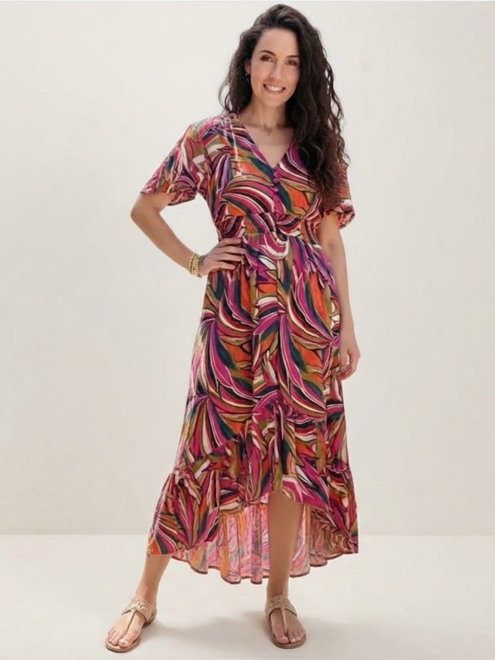 Anthropologie Abel The Label Sz L Colorful Tropical High Low Flowy Maxi Dress
